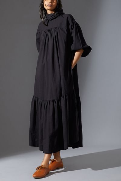 Black tiered handwoven cotton slub dress