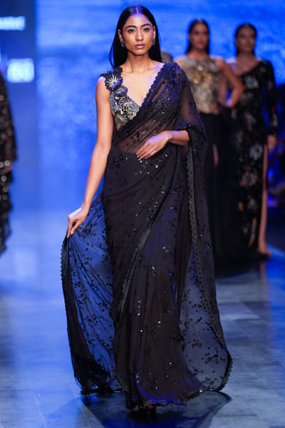 Nachiket Barve Black tonal sequin embellished sari set NABAPR2309
