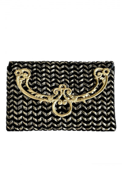 Black velvet cord aari work clutch