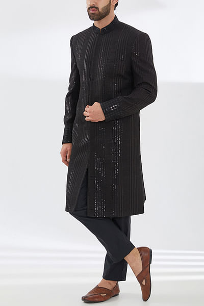 Black wave and linear embroidery sherwani set