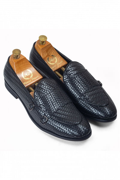 Black woven monk loafers