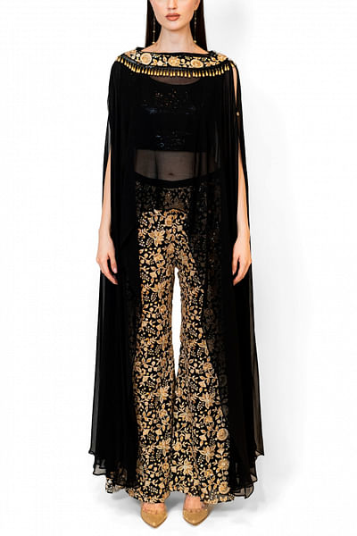 Black zari and sequin embellished cape set