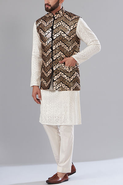 Black zig-zag sequinned Nehru jacket