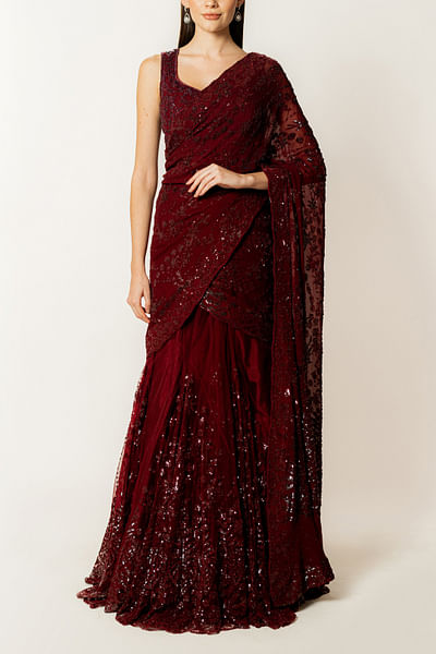 Blood red sequin embellished lehenga sari set