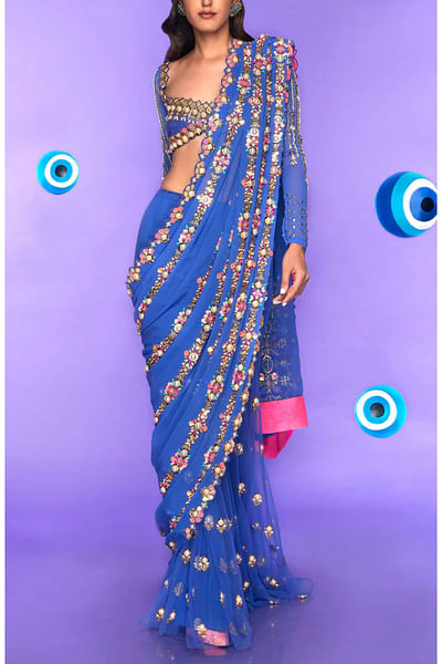 Blue 3D embellished pre-stitched saree set