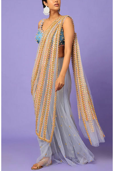 Blue 3D embroidery pre-draped saree set