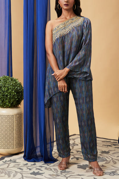 Soup by Sougat Paul Blue abstract print one-shoulder co-ords SSPNOV2318