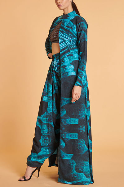 Blue and black artsy print achkan set