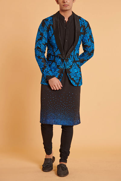 Blue and black floral embroidery blazer set