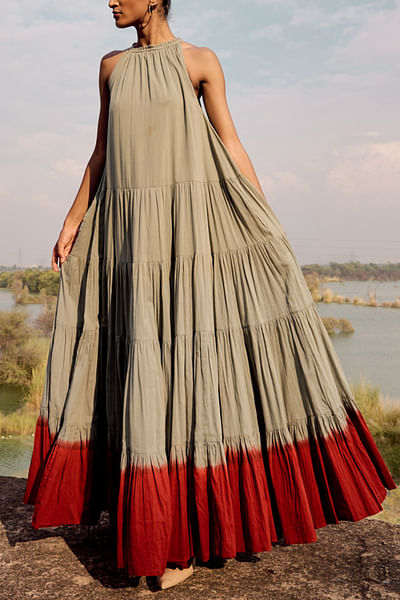 Blue and brick red dip-dyed tiered maxi dress