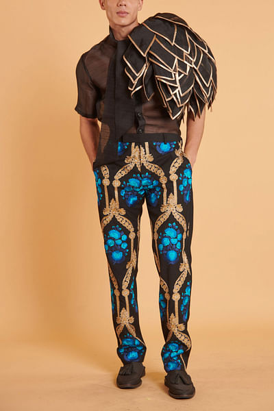 Blue and gold floral embroidery pants