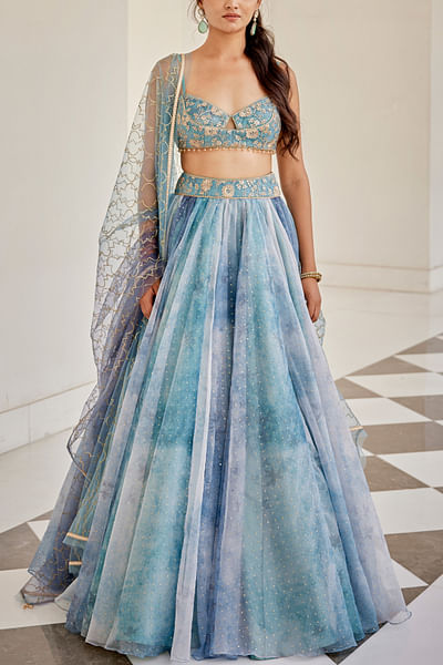 Blue and grey foil detail printed lehenga set
