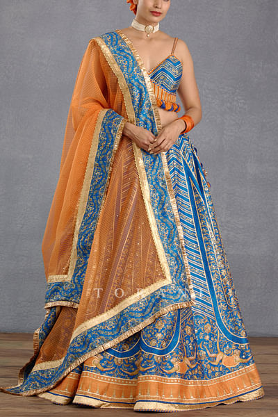 Blue and orange bhagalpuri print lehenga set