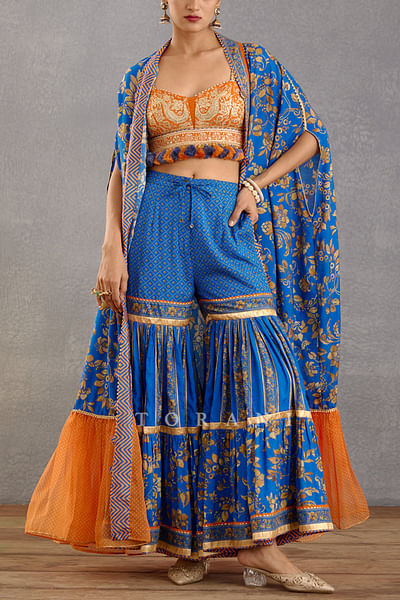 Blue and orange bhagalpuri print sharara set