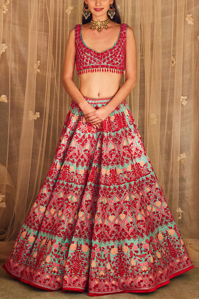 Blue and pink applique lehenga set