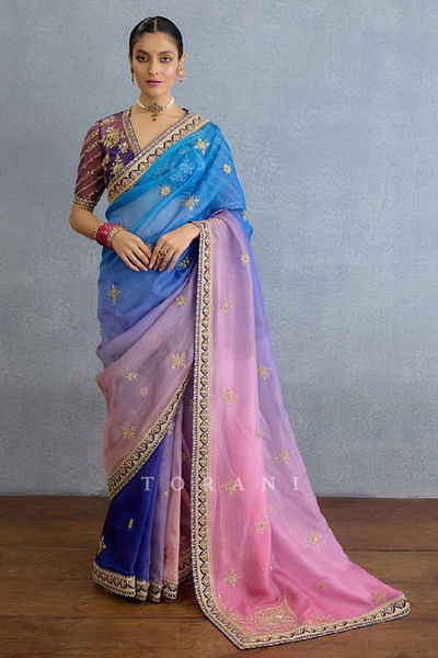 Blue and pink ombre dabka embroidered sari set