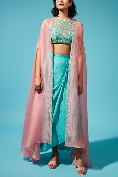 Blue and pink sequin and bead embellished cape and drape skirt set