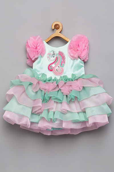 Blue and pink unicorn frill layered dress