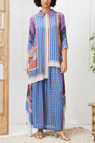 Soup by Sougat Paul Blue and purple leaf and scallop print co-ords SSPNOV23DP221