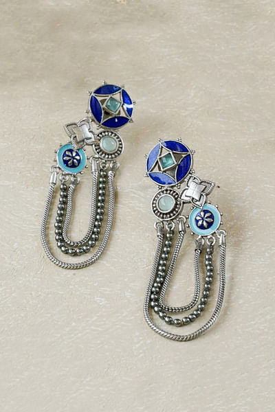 Blue and silver handpainted enamel earrings