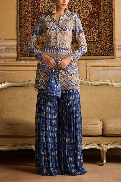 Blue arrow printed gharara jacket set