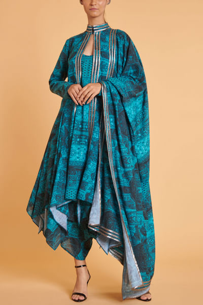 Blue artsy print achkan and draped kurta set