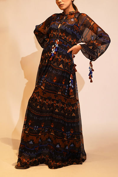 Blue aztec print crinkled maxi dress