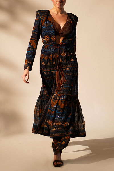 Blue aztec print jacket set