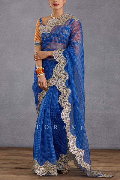 Blue bhagalpuri print embellished sari set