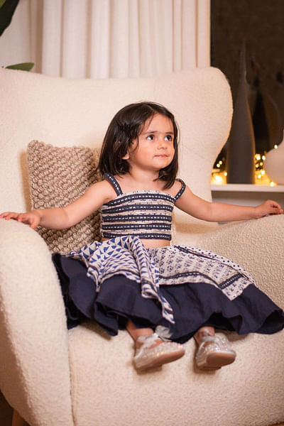 Blue block printed lehenga set