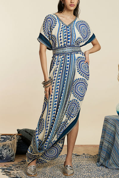Blue boho stripe and mandala print drape dress