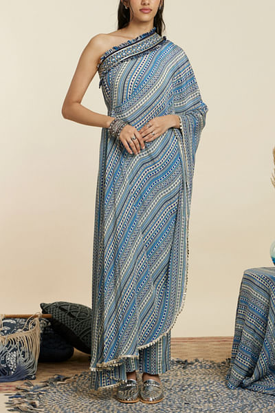 Blue boho stripe print one-shoulder kaftan set