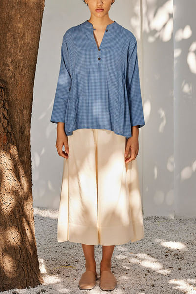 Blue check mulmul cotton top