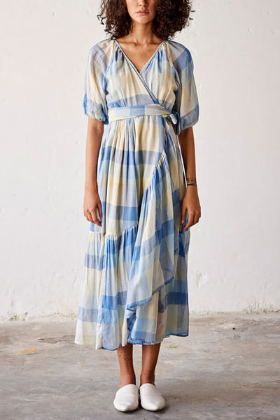 Blue checkered wrap dress