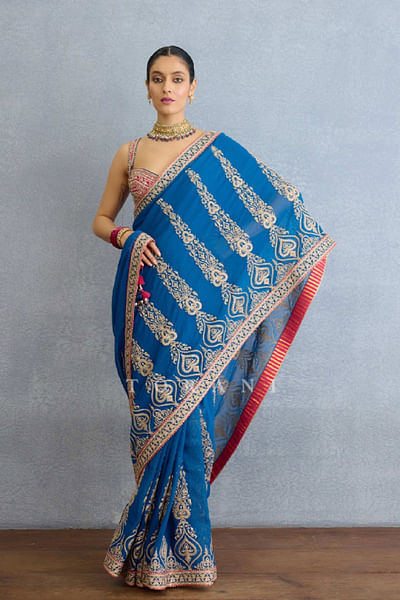 Blue dabka and badla embroidered sari set