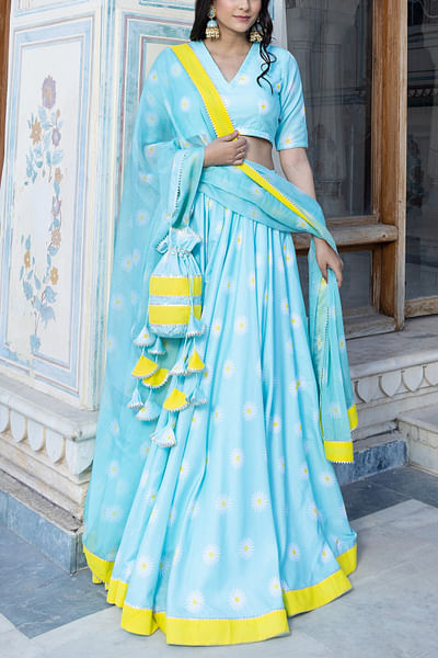 Blue daisy floral print lehenga set