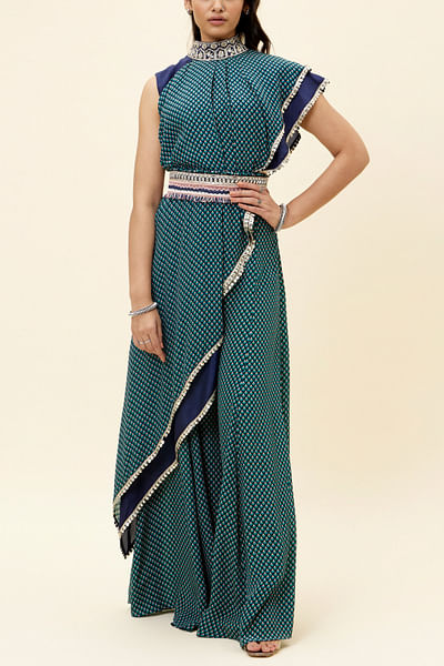 Blue draped crop top and sharara set