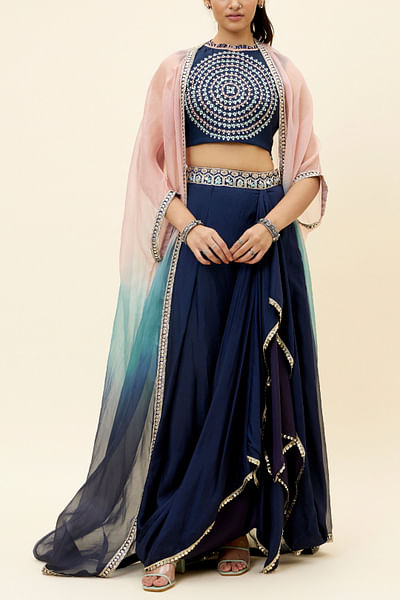 Blue embellished cape and draped skirts set