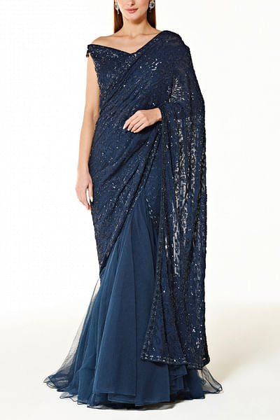 Blue embellished lehenga sari set