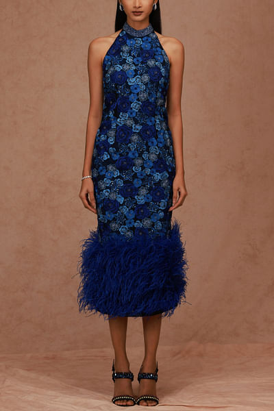 Blue embroidered halter neck dress