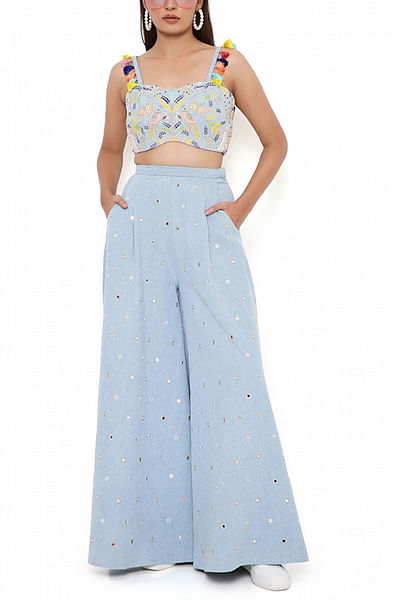 Blue embroidered top and flared pants