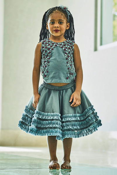 Blue embroidered top and frilled skirt set