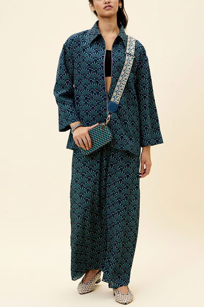 Blue feather print jacket and pant set