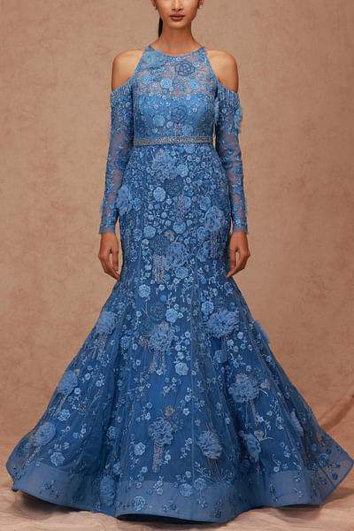 Blue fishtail floral embroidered gown