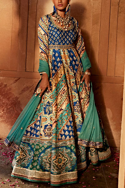 Blue floral and geometric print anarkali set