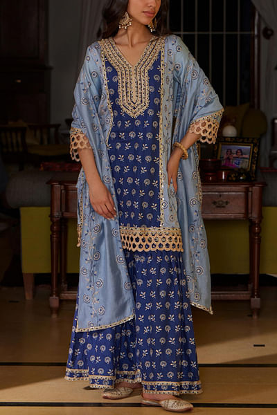 Blue floral and leaf embroidery sharara set