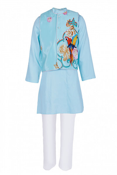Blue floral and parrot printed jacket kurta set