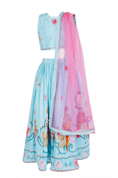 Blue floral and parrot printed lehenga set