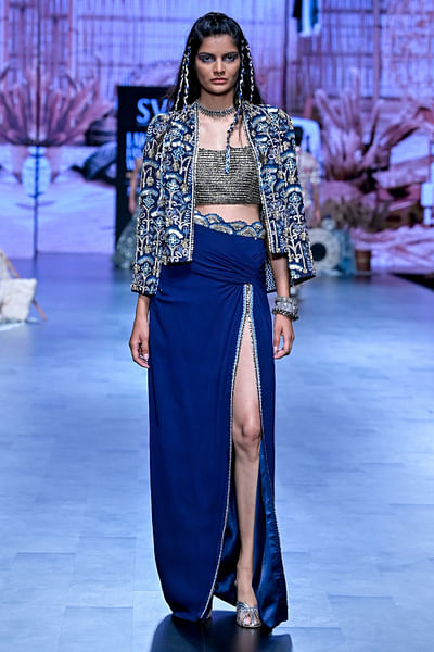 Blue floral embellished jacket and skirt set