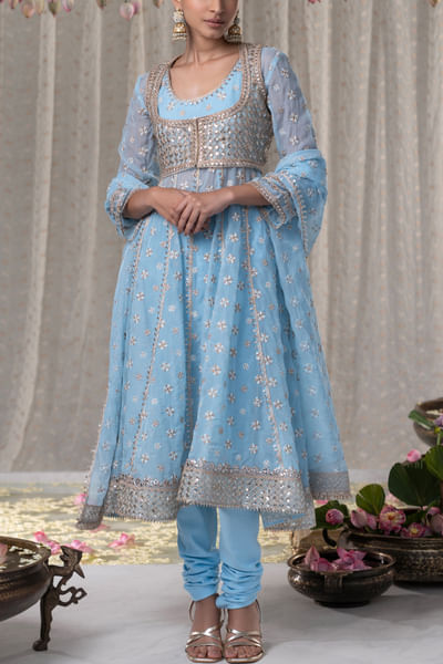 Blue floral embroidered anarkali set